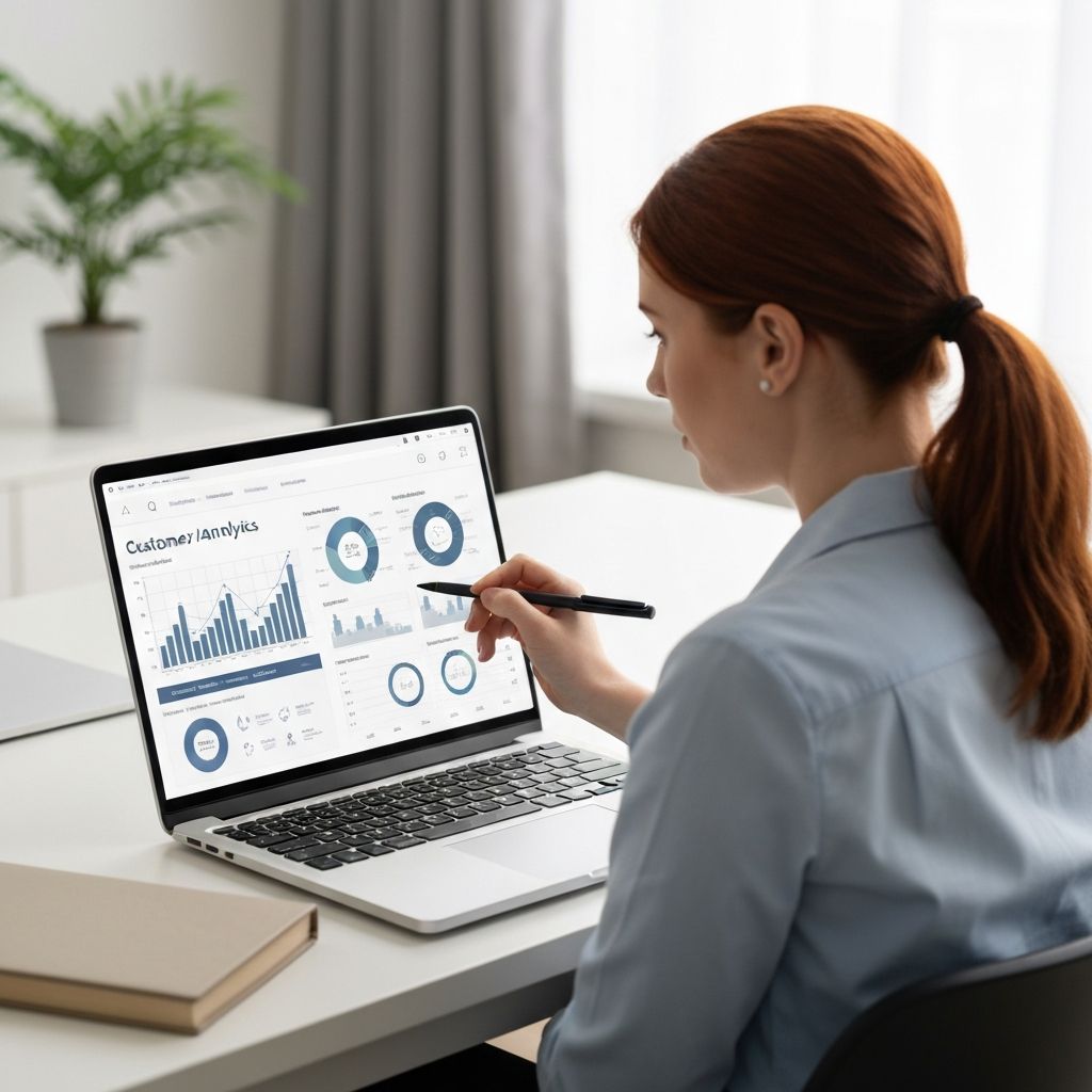 Consultor realizando análisis detallado de datos de experiencia del cliente con gráficos y métricas