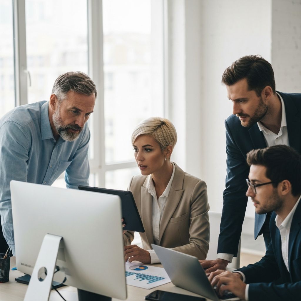 Equipo de consultores analizando datos de experiencia del cliente en una reunión estratégica
