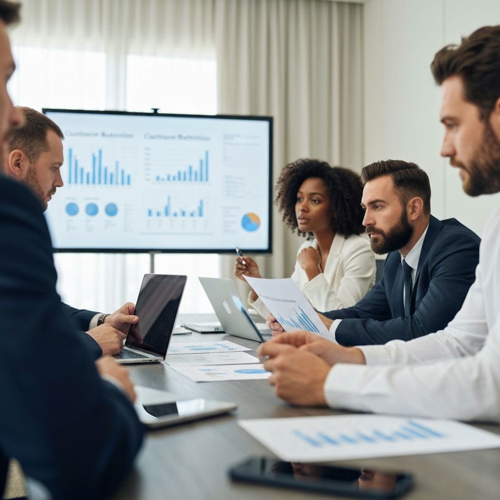Equipo directivo de empresa mediana analizando métricas de retención de clientes en sala de reuniones